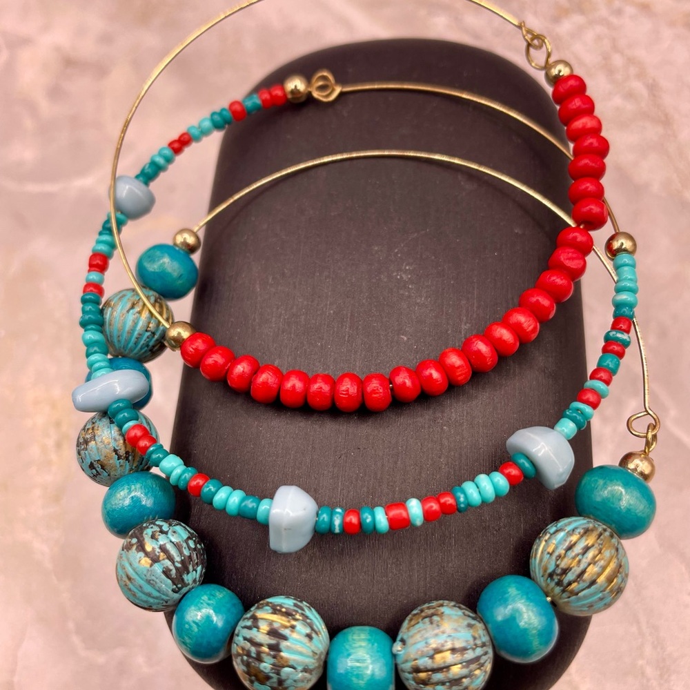 Vibrant Turquoise and Red Beaded Bracelet Set Trio. 7 1/4 to 7 1/2 inches